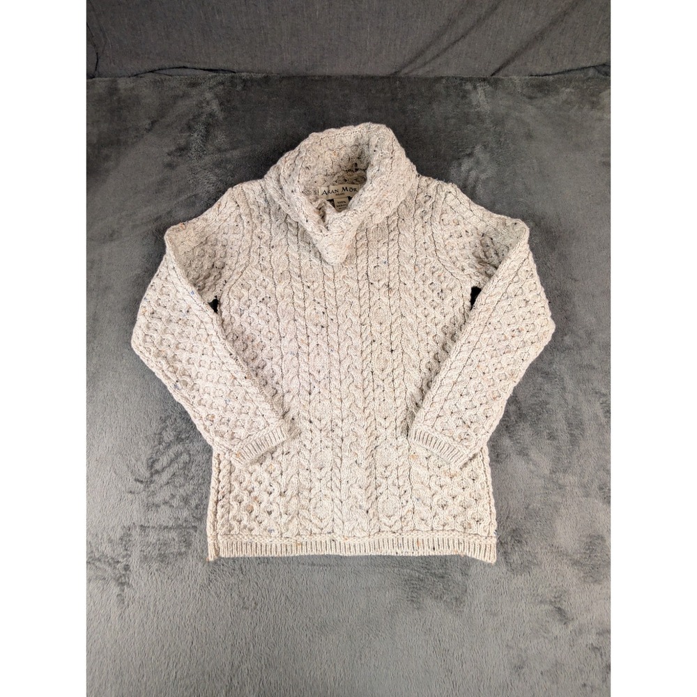 Aran Mór Ireland 100% Merino Wool Cable‎ Knit Cowl Neck Sweater Oatmeal  F233 - Picture 2 of 13